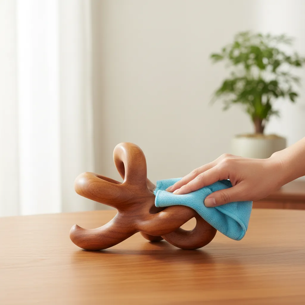 cleaning wooden decoration with a microfiber cloth