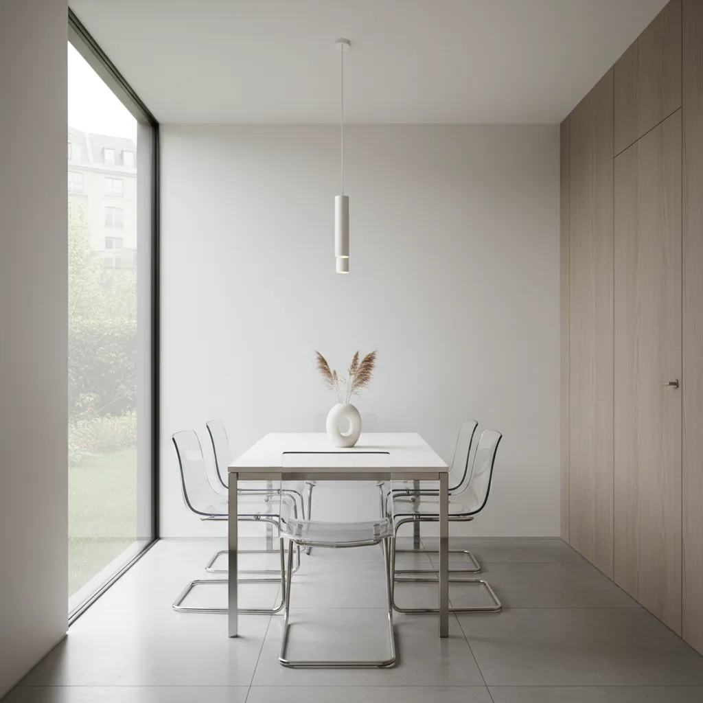 Transparent acrylic dining chairs around a small dining table