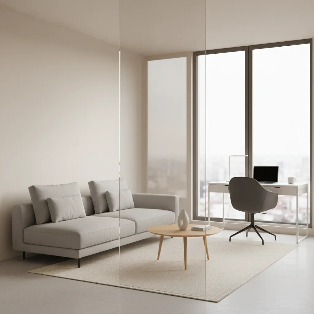 Clear acrylic partition separating living room seating area from workspace