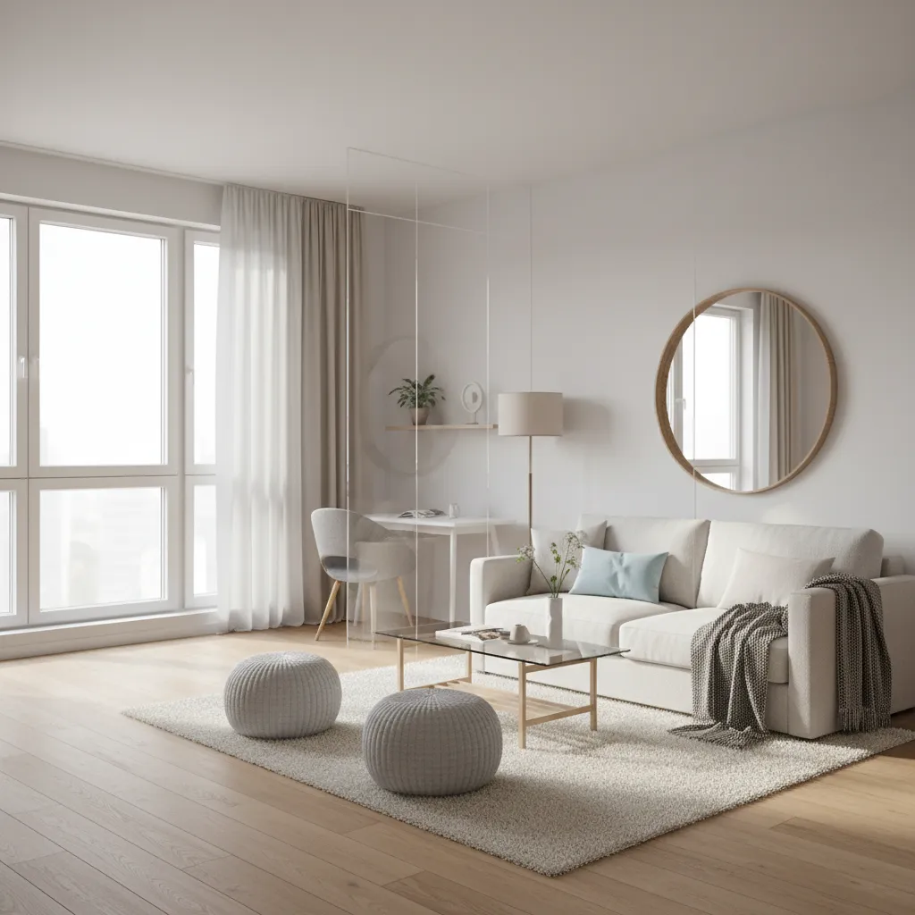 clear acrylic living room divider allowing sunlight to pass through open space