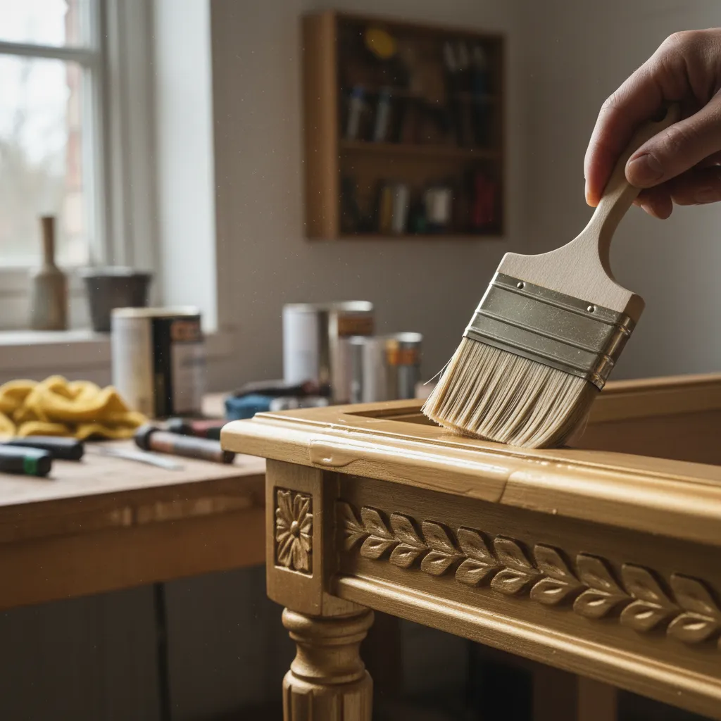 Applying clear protective sealer to metallic gold painted furniture surface