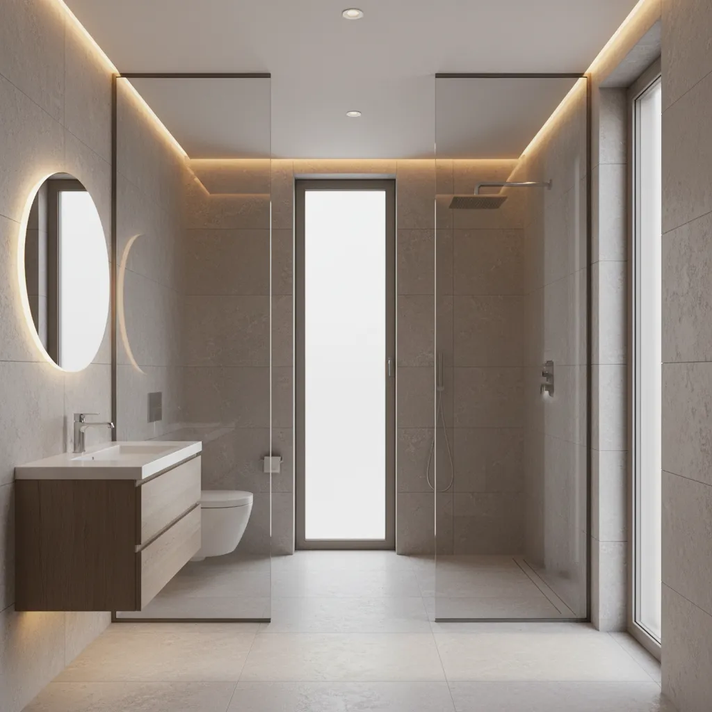 Clear glass bathroom door showing full visibility into modern bathroom
