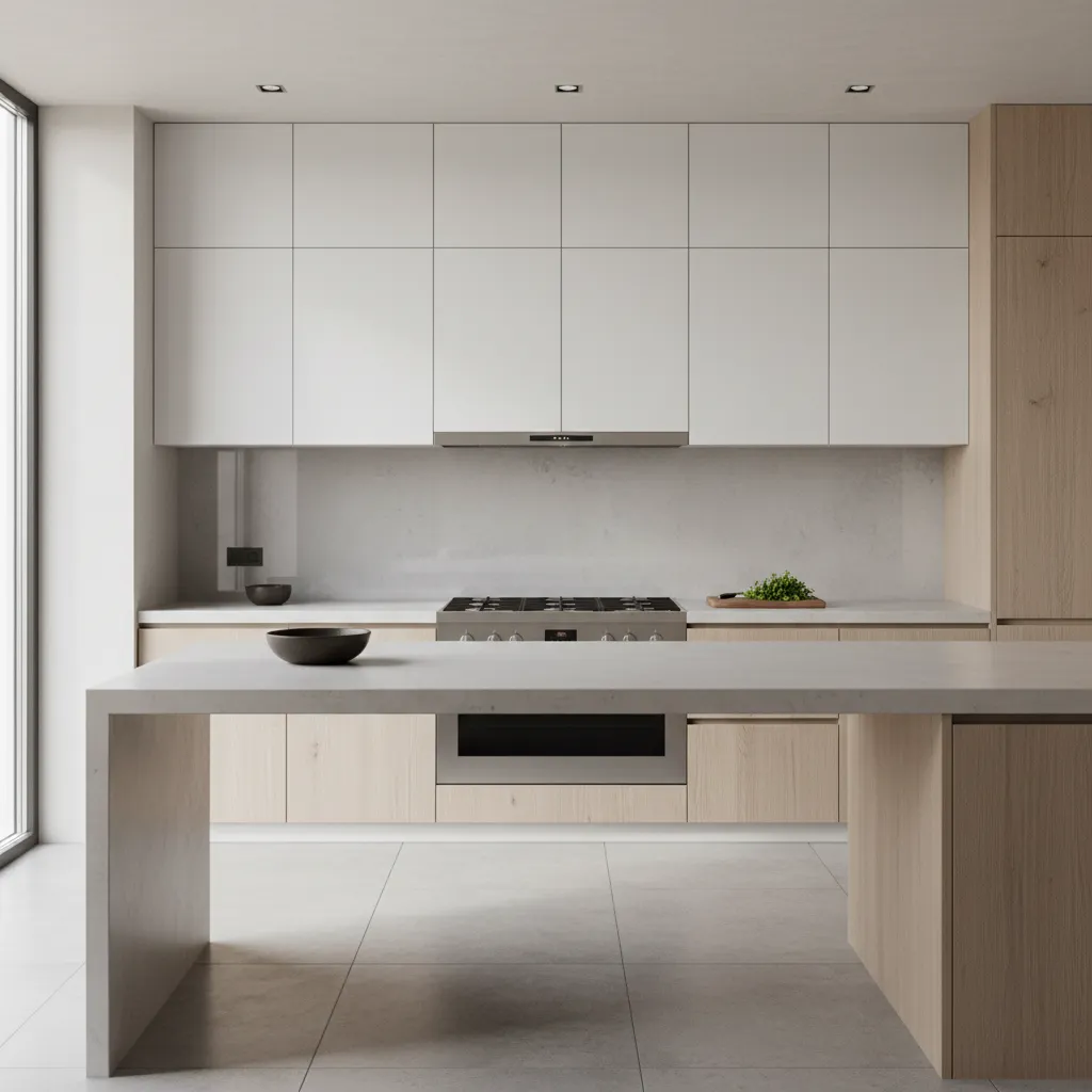 Modern kitchen with white upper cabinets wood lower units gas stove marble island and tiles