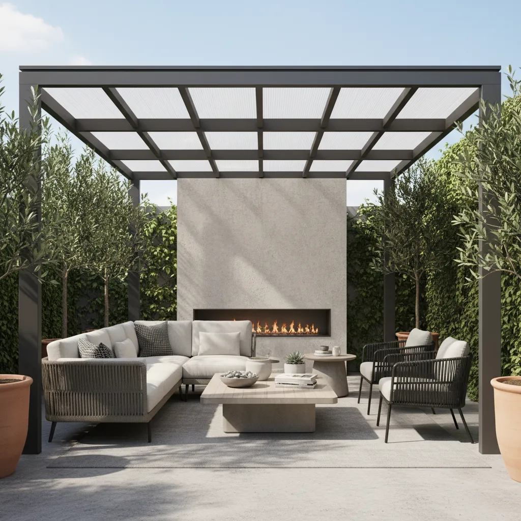 clear patio roof panels allowing sunlight over outdoor seating area