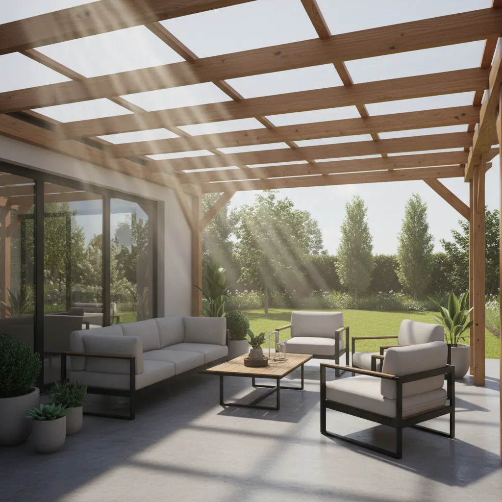 sunlight passing through clear patio roof panels creating bright outdoor seating area