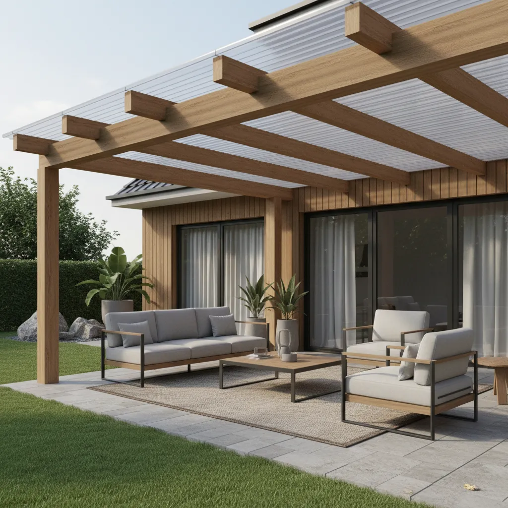 Installed clear polycarbonate patio roof panels attached to wooden pergola structure