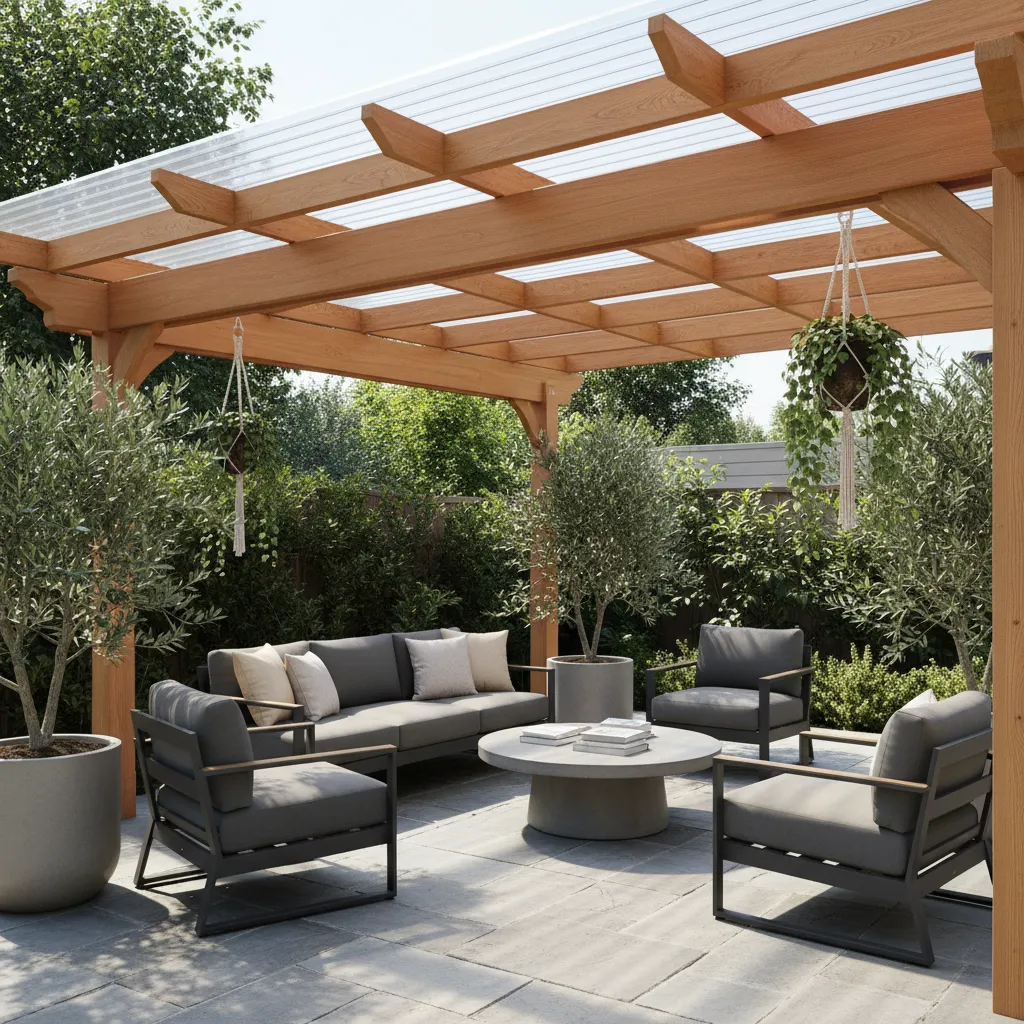 Clear polycarbonate roof panels installed over a backyard patio structure
