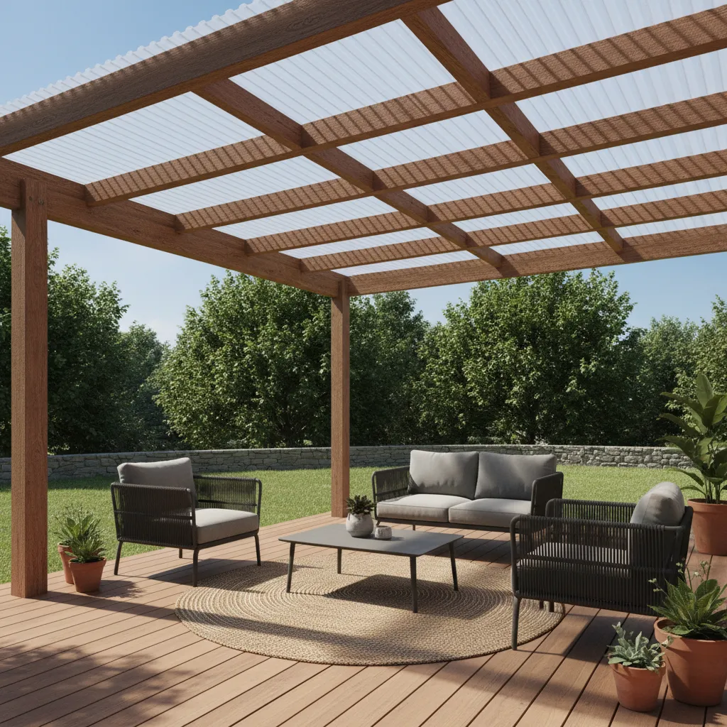 clear polycarbonate roofing panels allowing sunlight through backyard patio
