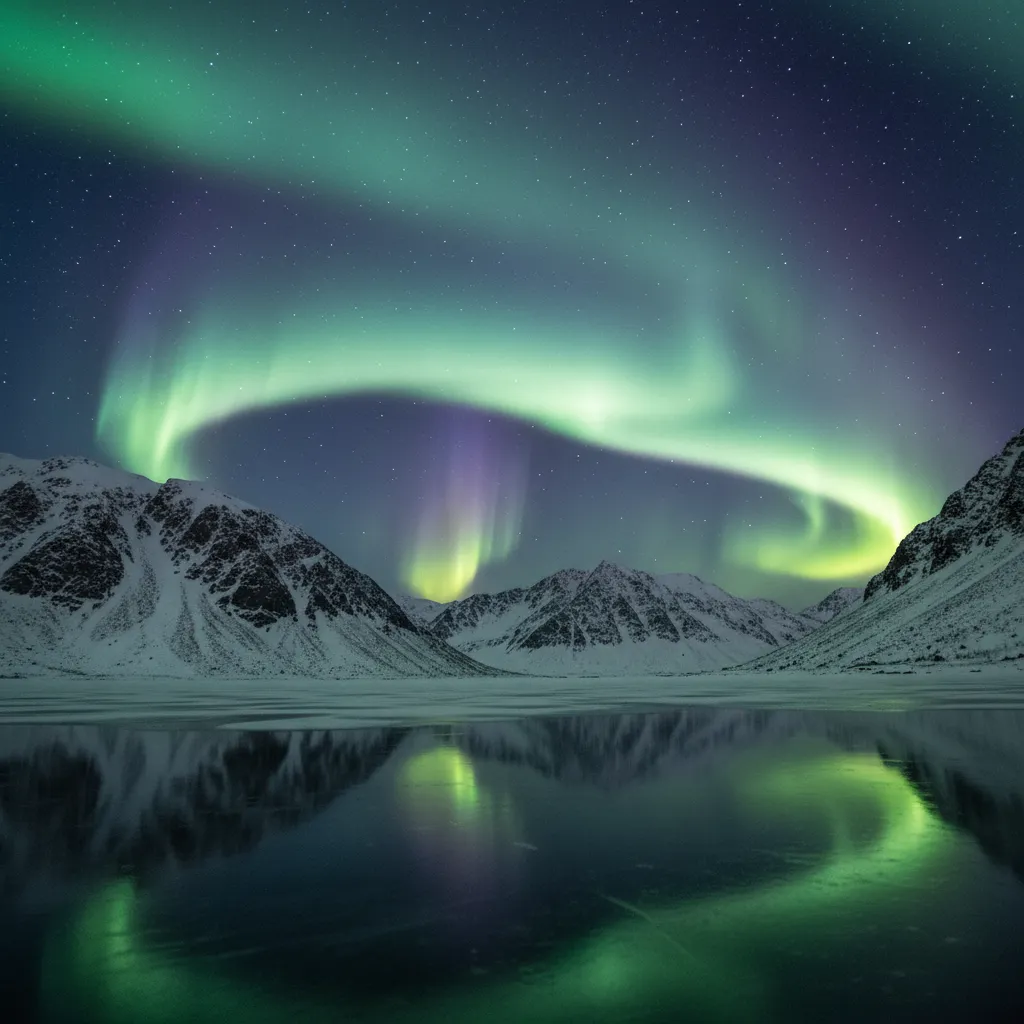 Clear night sky with strong aurora over snowy mountain landscape