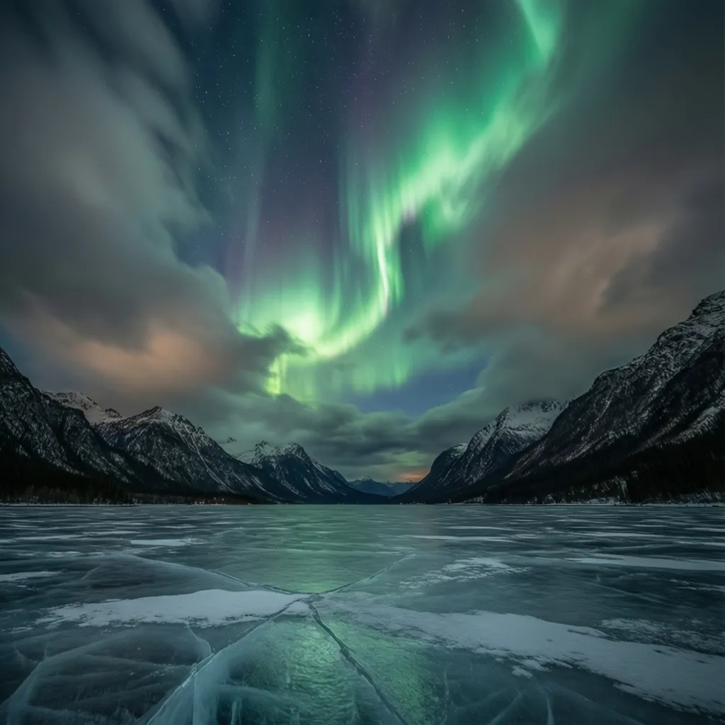 Northern lights visible through a clear sky pocket surrounded by clouds