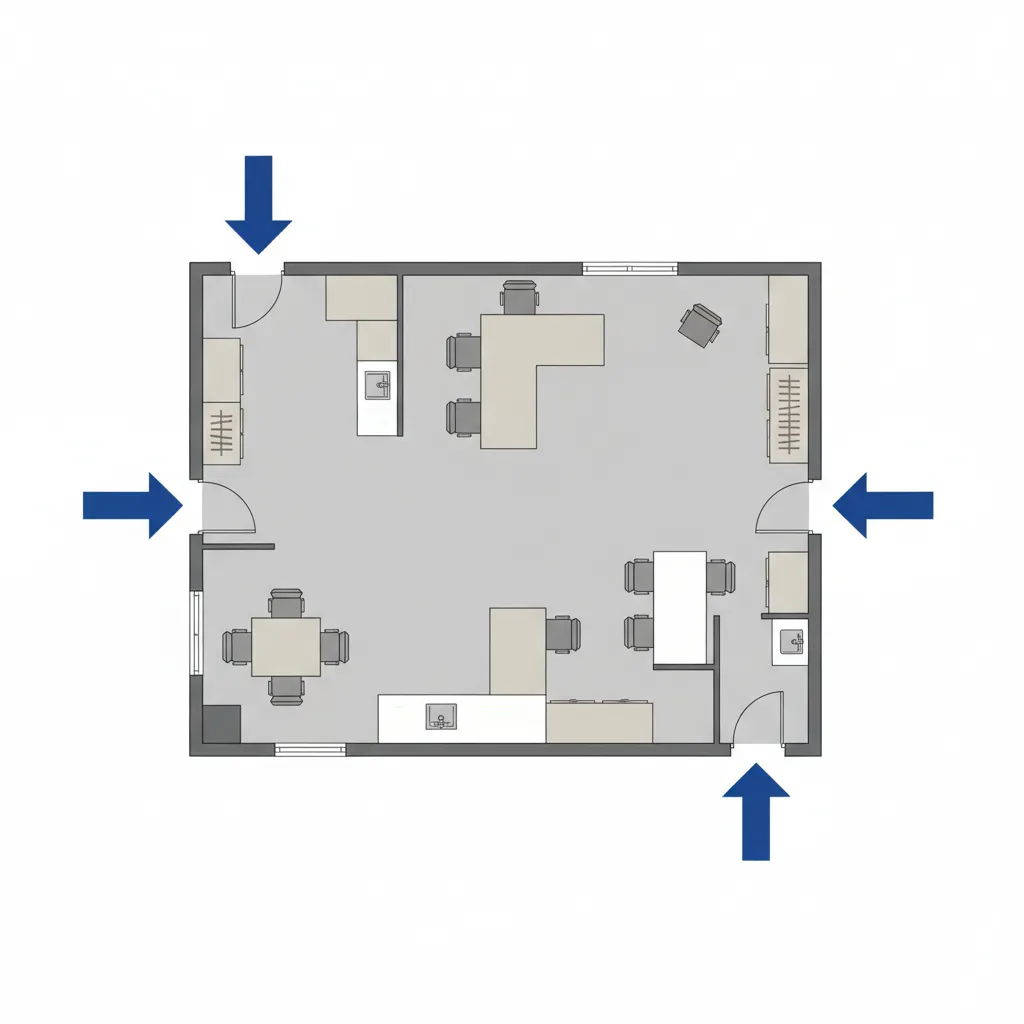 Clear evacuation route design in a small office floor plan