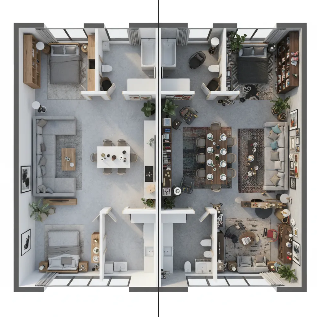 comparison between clean and overly cluttered 3D floor plan rendering