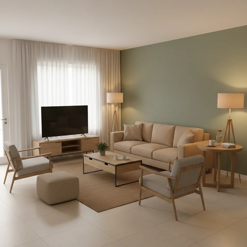 Living room layout showing clear walking paths for guests during a party