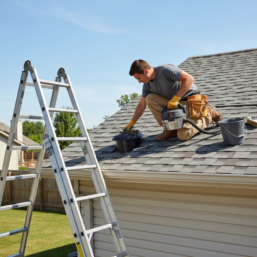 Technician clearing debris from a roof plumbing vent cap
