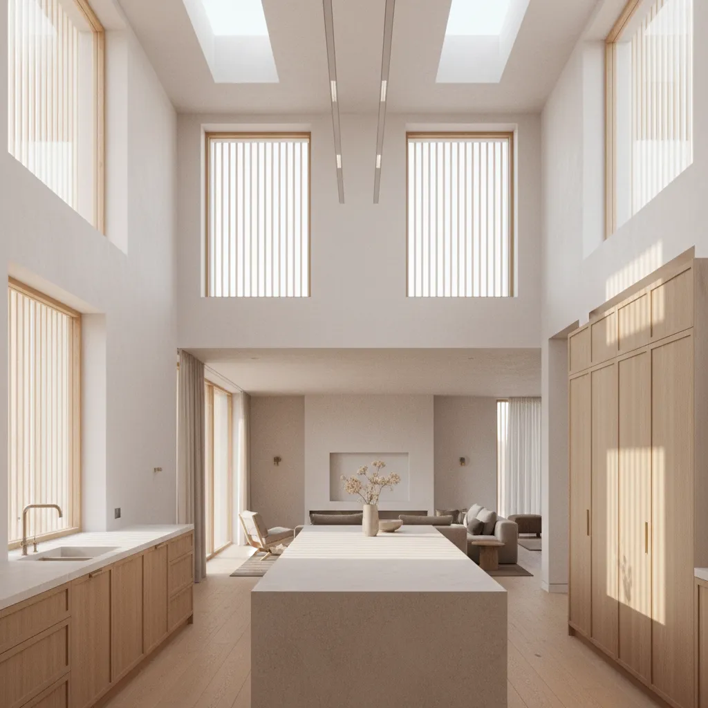 Kitchen-living area illuminated by clerestory windows and linear skylights with soft vertical light.