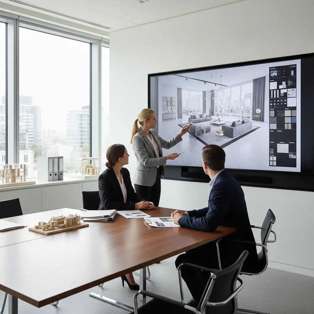 Designer presenting a digital room layout to clients on a large screen