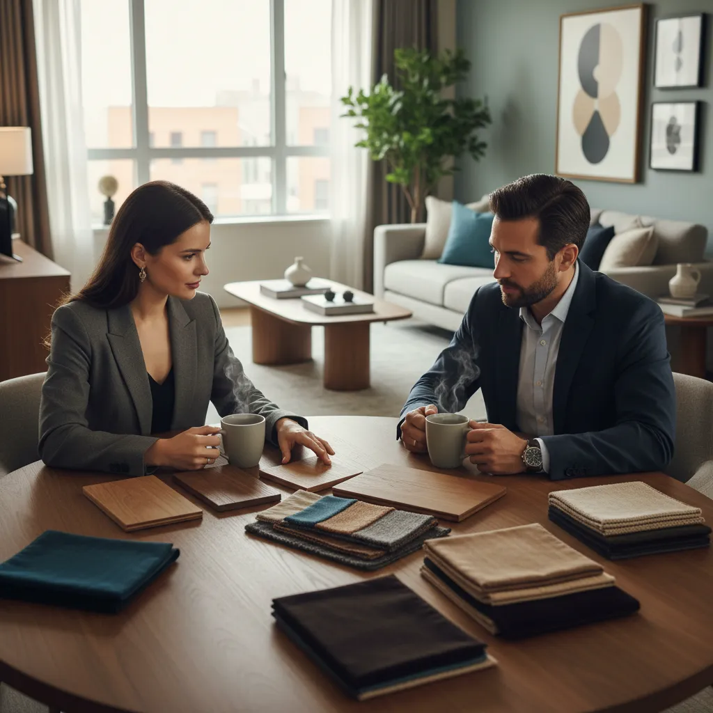 Entrevista entre diseñador de interiores y cliente en una mesa con muestras de materiales