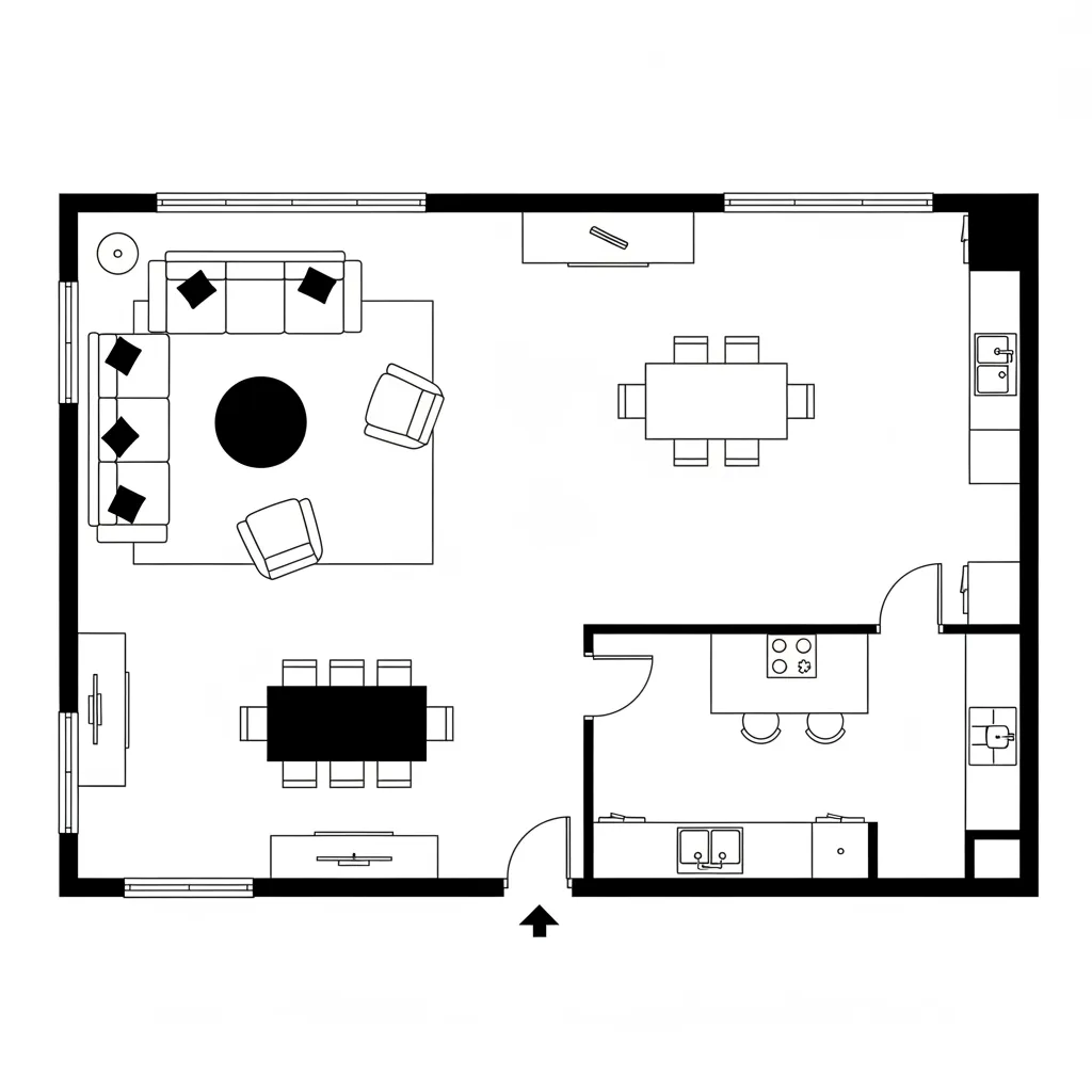 Black and white floor plan with furniture layout for client presentation