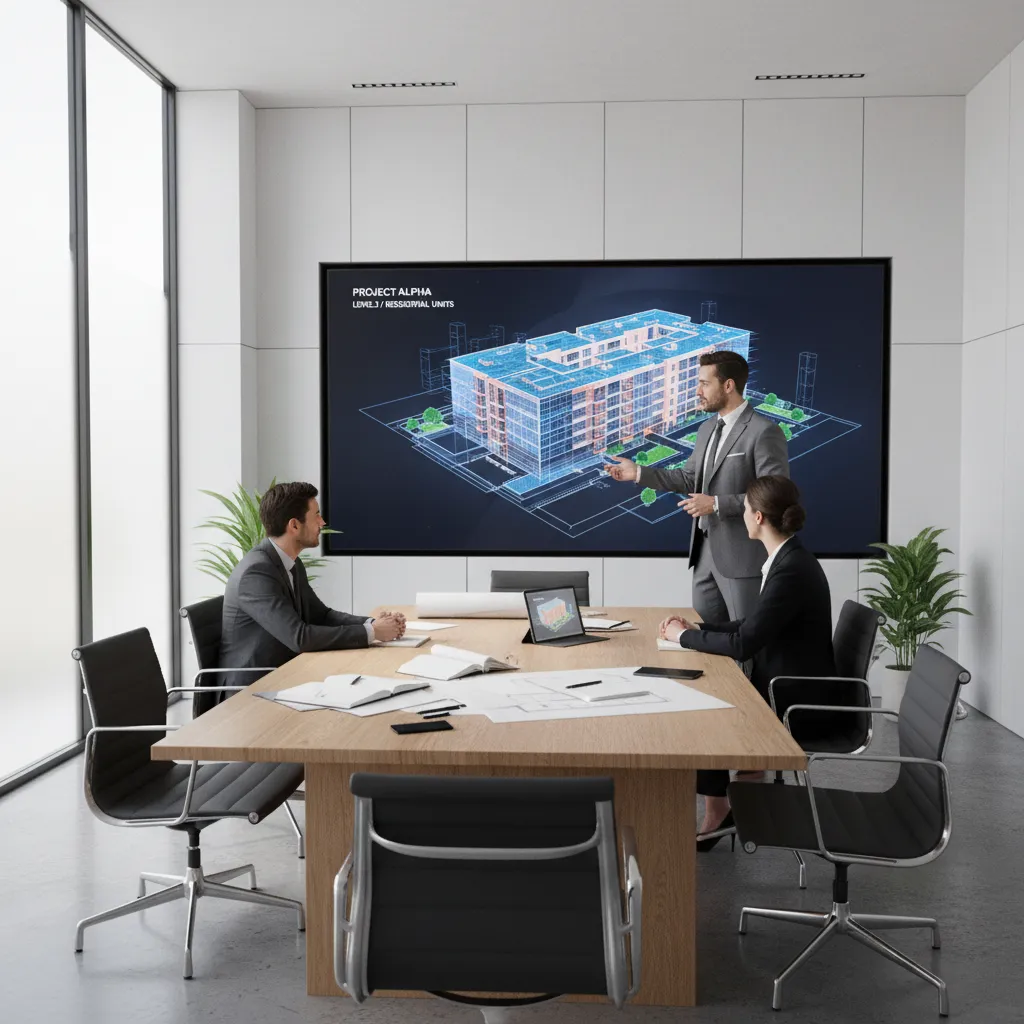 architect presenting 3d floor plan layout to clients during meeting