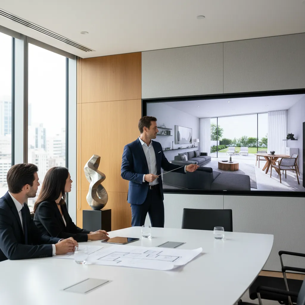 Architect presenting a 3D home interior visualization to clients during a design meeting