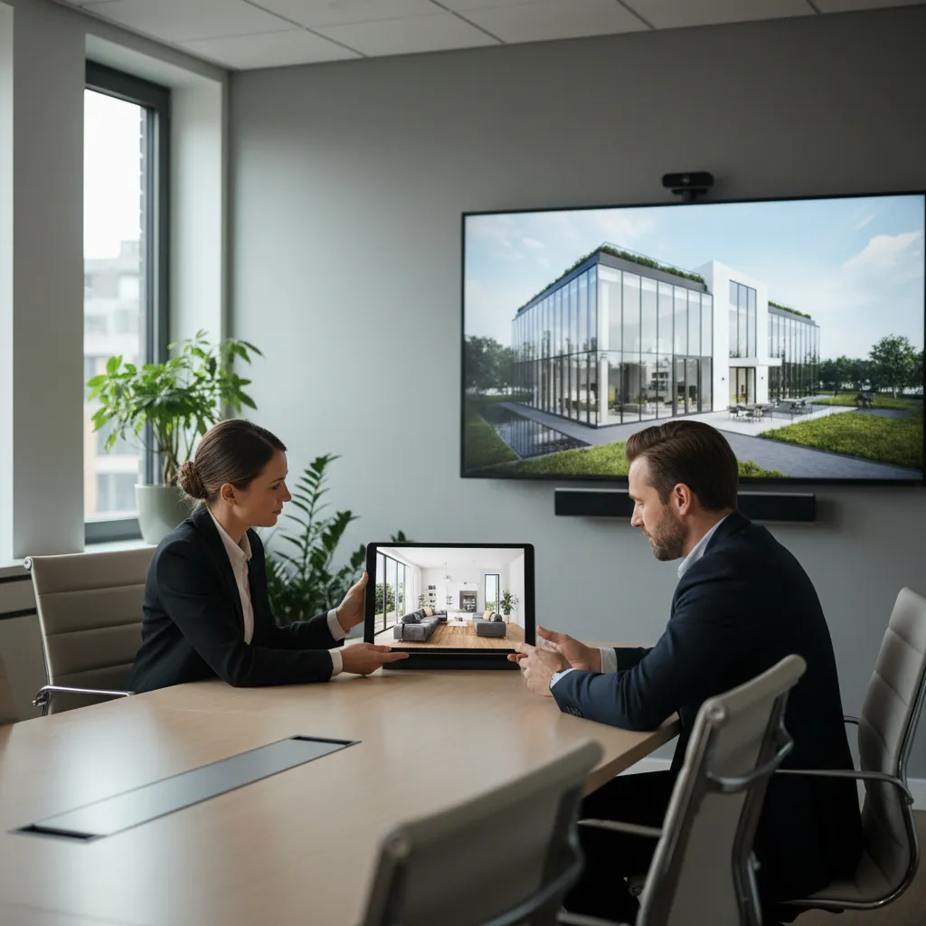 client and designer discussing realistic architectural rendering of living room interior