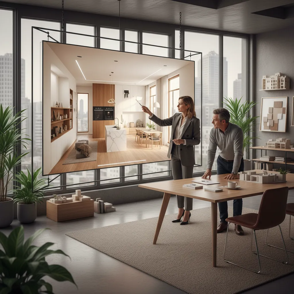 Cliente revisando un plano digital de vivienda con un diseñador