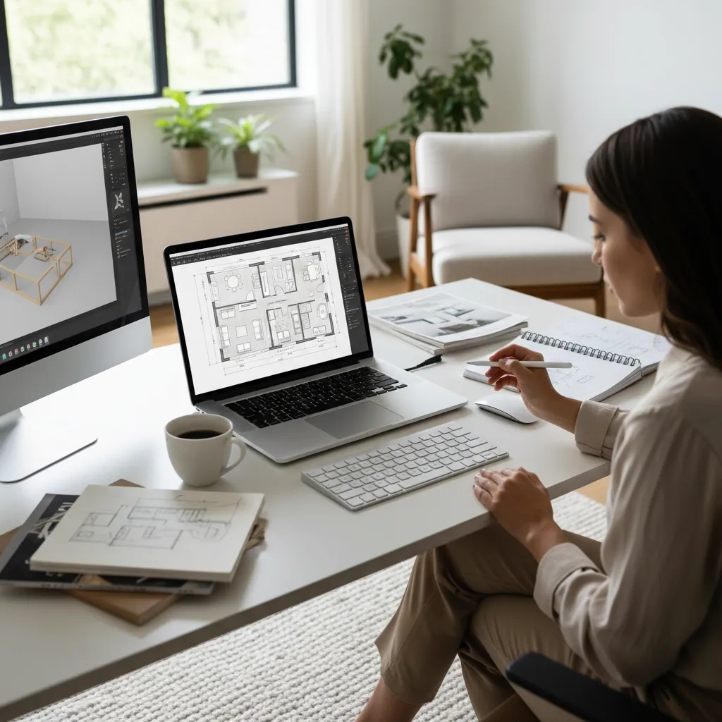 Interior designer working on a laptop displaying a floor plan next to a desktop monitor