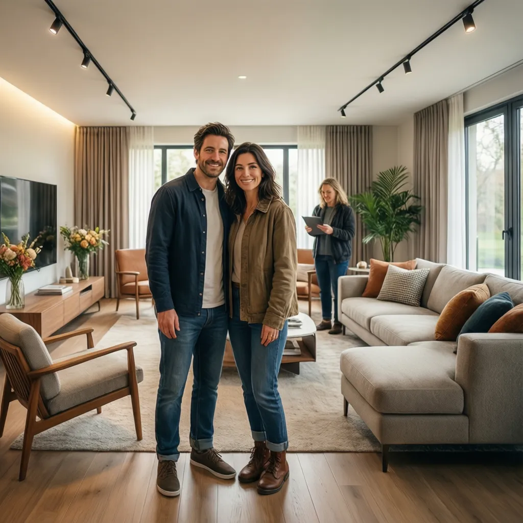 Happy couple standing in modern living room after design project with sofa and ceiling lights