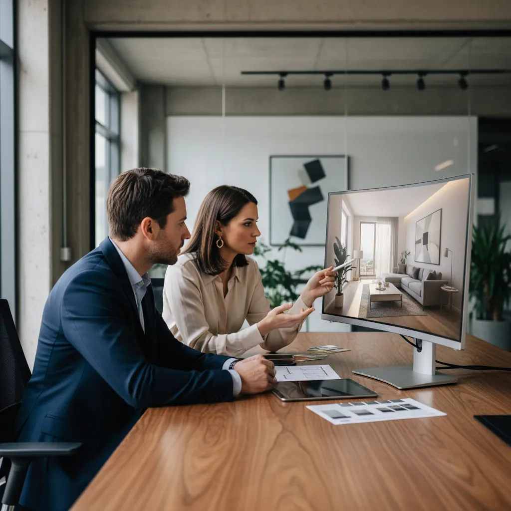 Cliente viendo visualización 3D de una vivienda junto a un diseñador