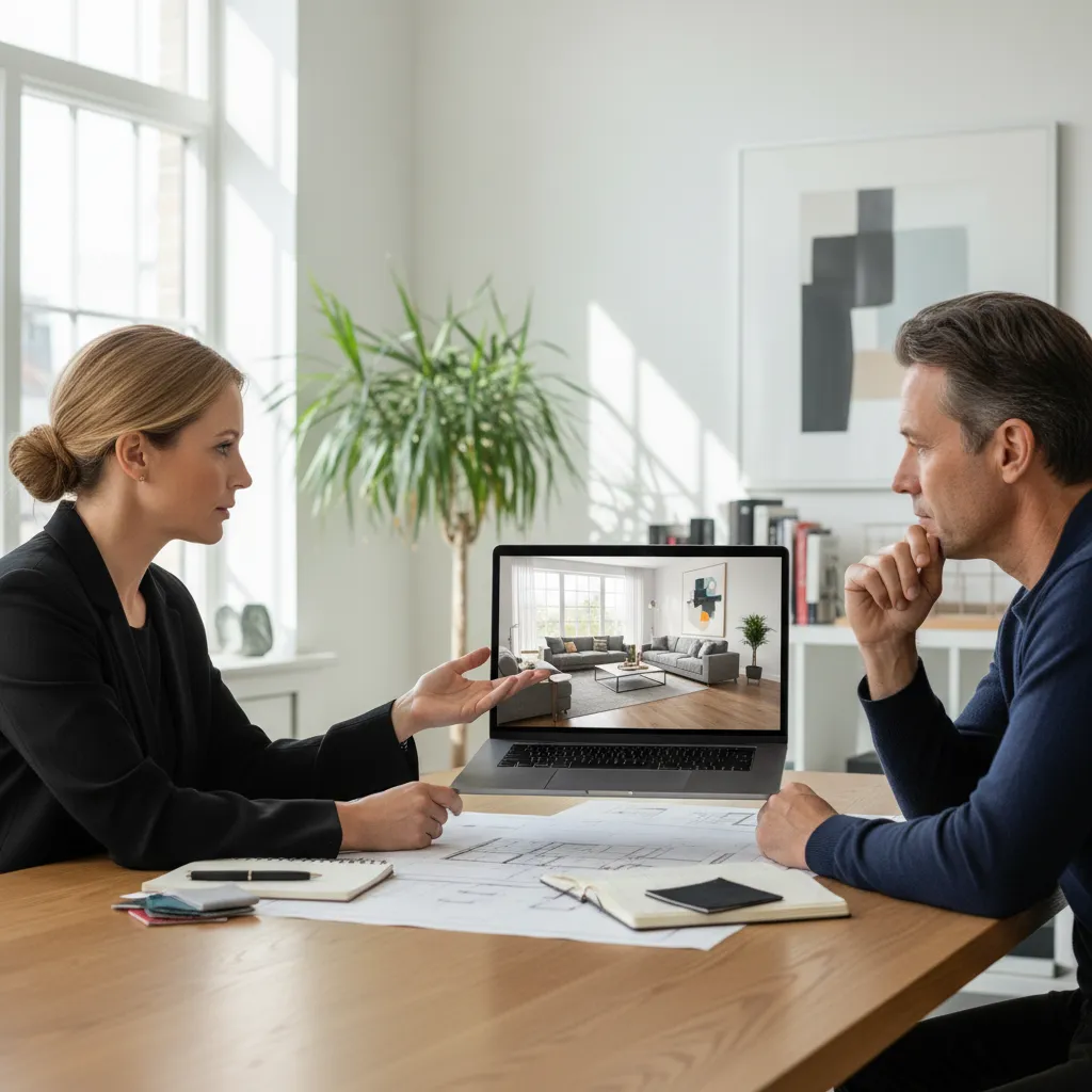 Cliente revisando propuesta de diseño interior en pantalla