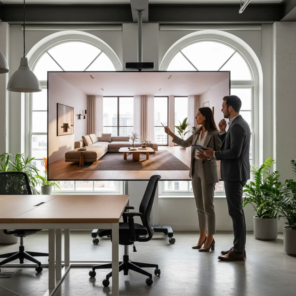 Cliente y diseñador revisando un diseño interior en pantalla