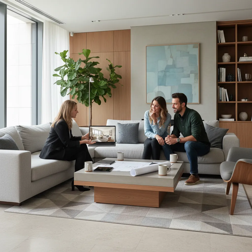 Interior designer showing room design on laptop to couple in living room with grey sofa