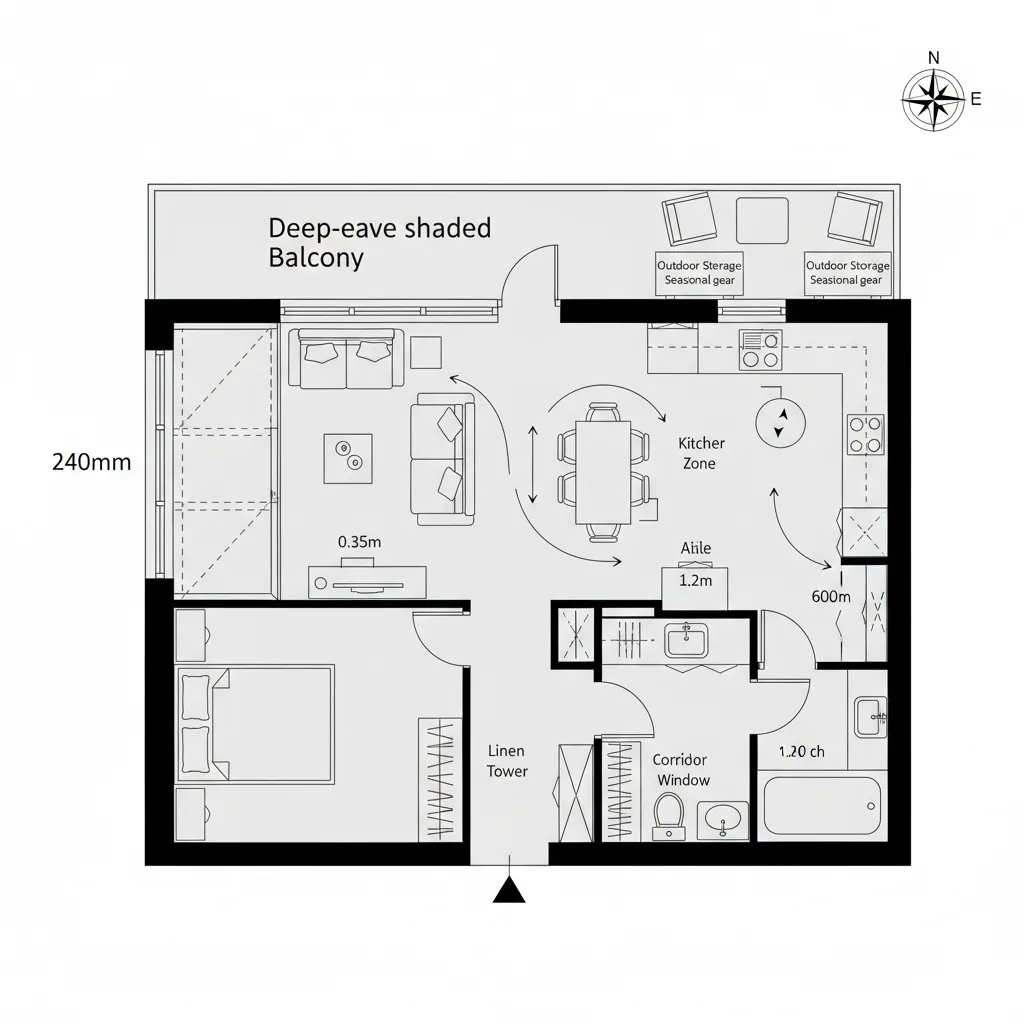Top-down CAD plan showing shaded balcony, cross-ventilation path, and compliant living-dining layout