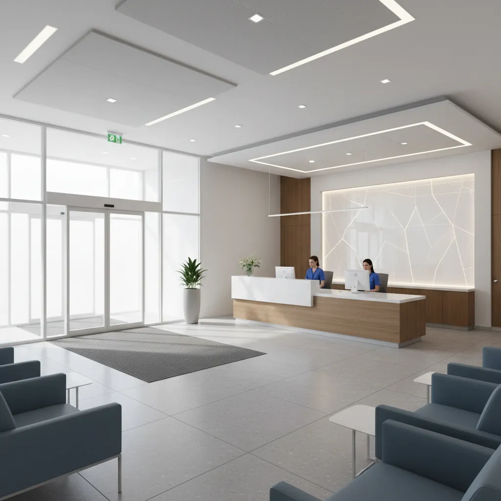Medical clinic entrance with protective floor mats reducing wear in high traffic areas