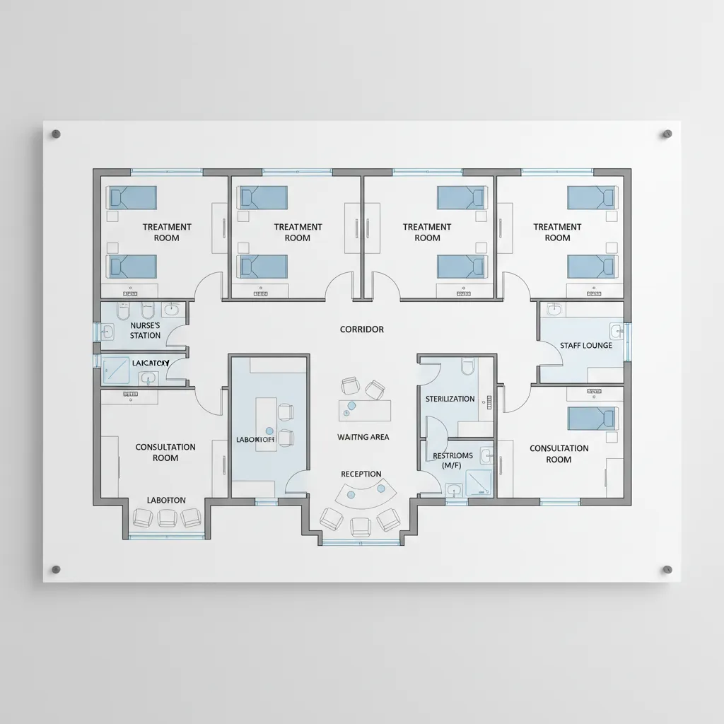 medical clinic floor plan showing patient movement and flooring zones