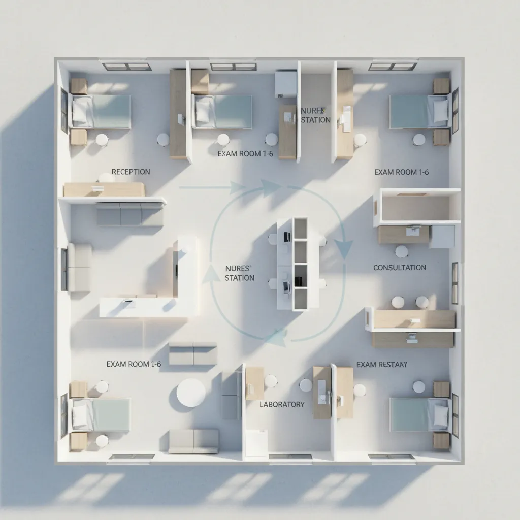 medical clinic floor plan diagram showing patient flow between reception waiting area and exam rooms