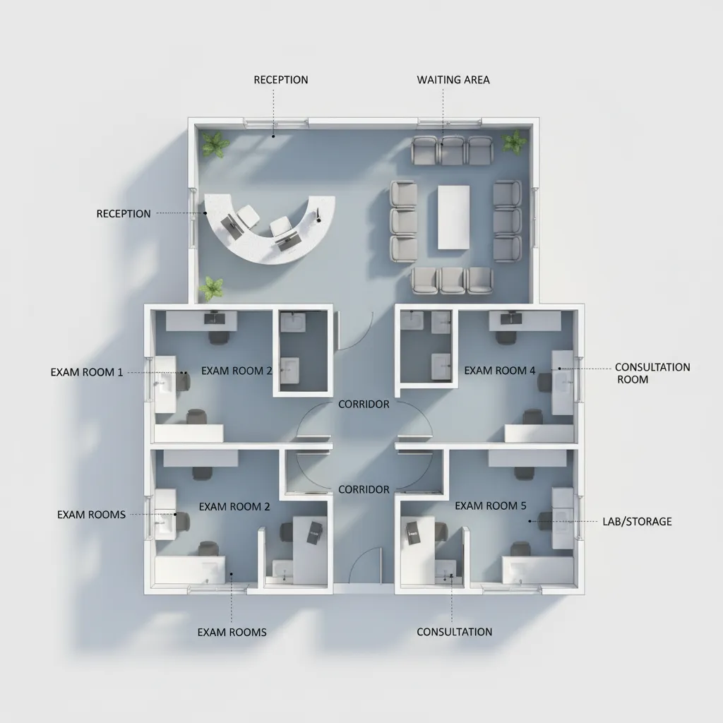 modern clinic floor plan layout with exam rooms and reception area