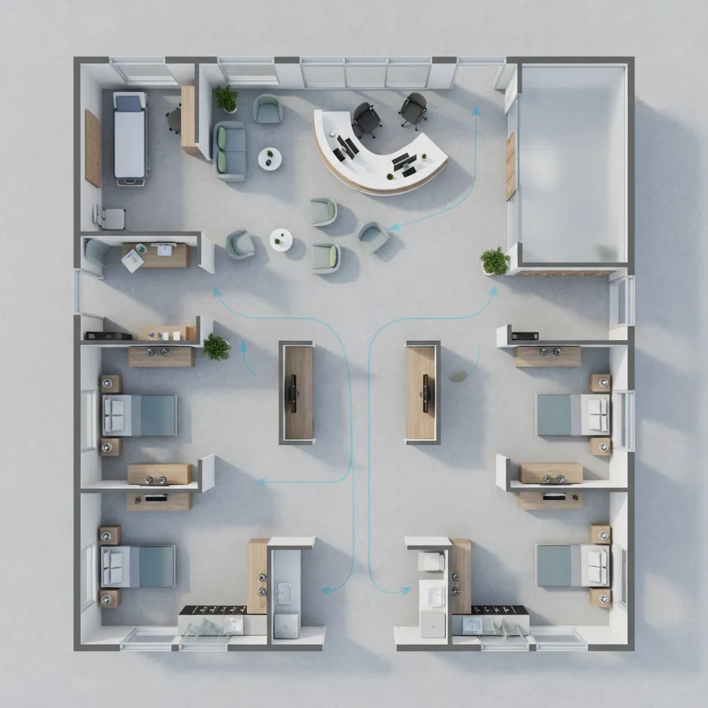 Medical clinic floor layout showing patient flow from reception to exam rooms