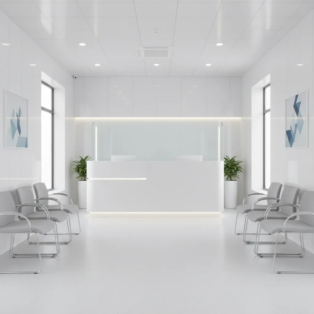 Clean medical clinic reception area with hygienic PVC wall panel finishes