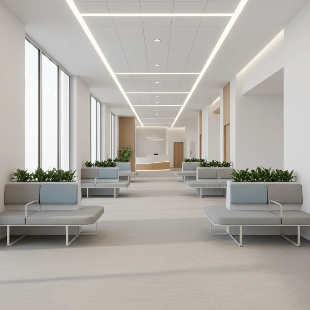 Healthcare clinic corridor with textured slip resistant flooring and patient seating