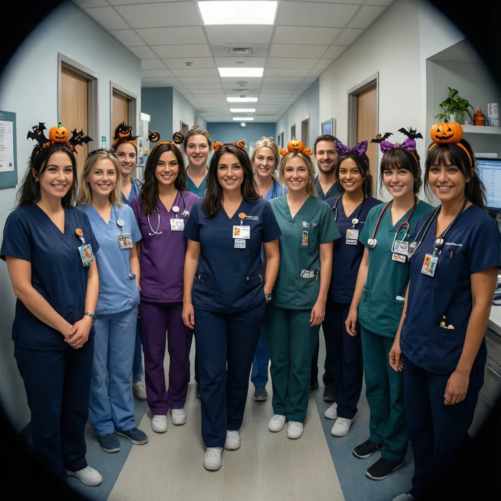 medical staff wearing simple halloween accessories with scrubs in clinic