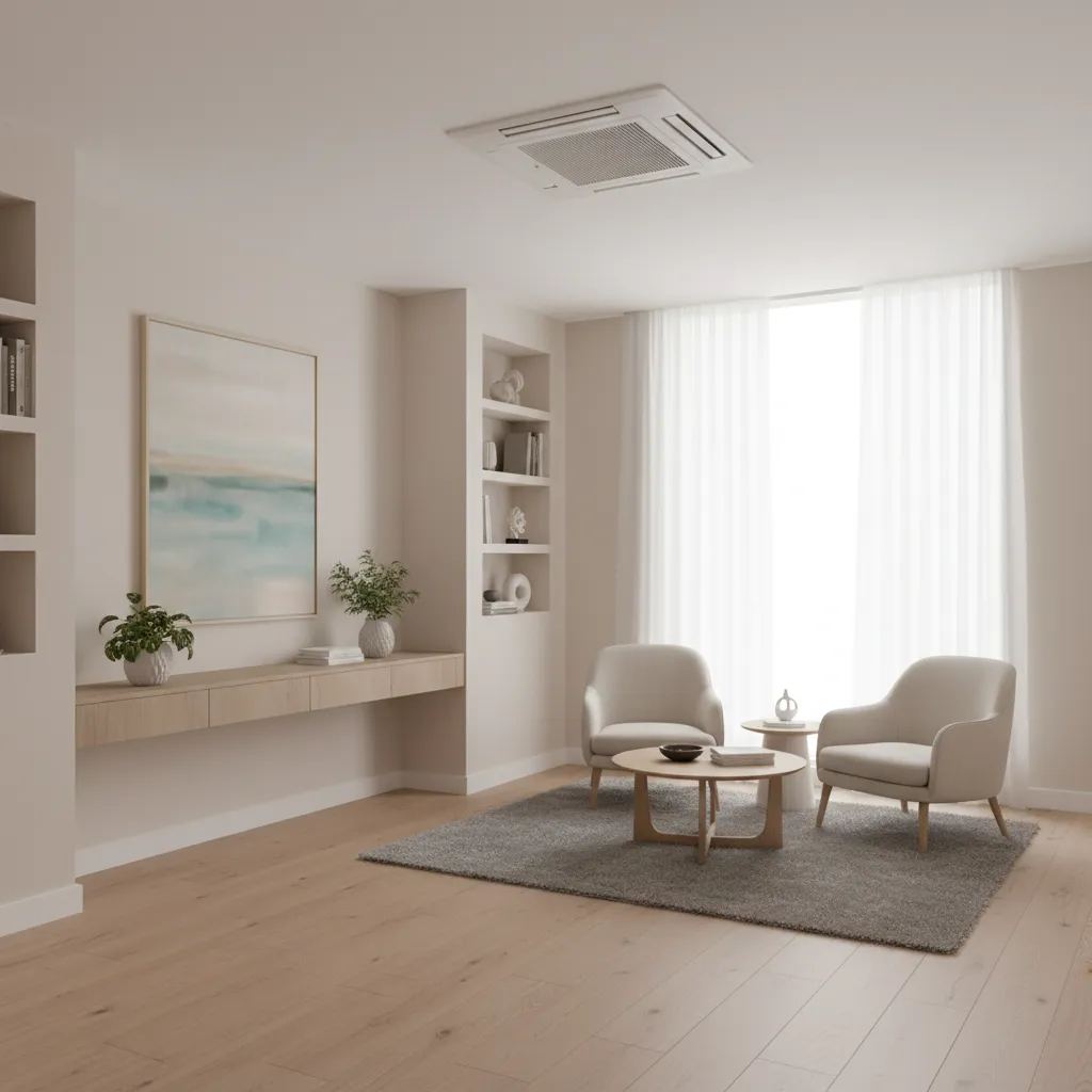 Quiet clinic or therapy studio interior with ceiling cassette air conditioning system