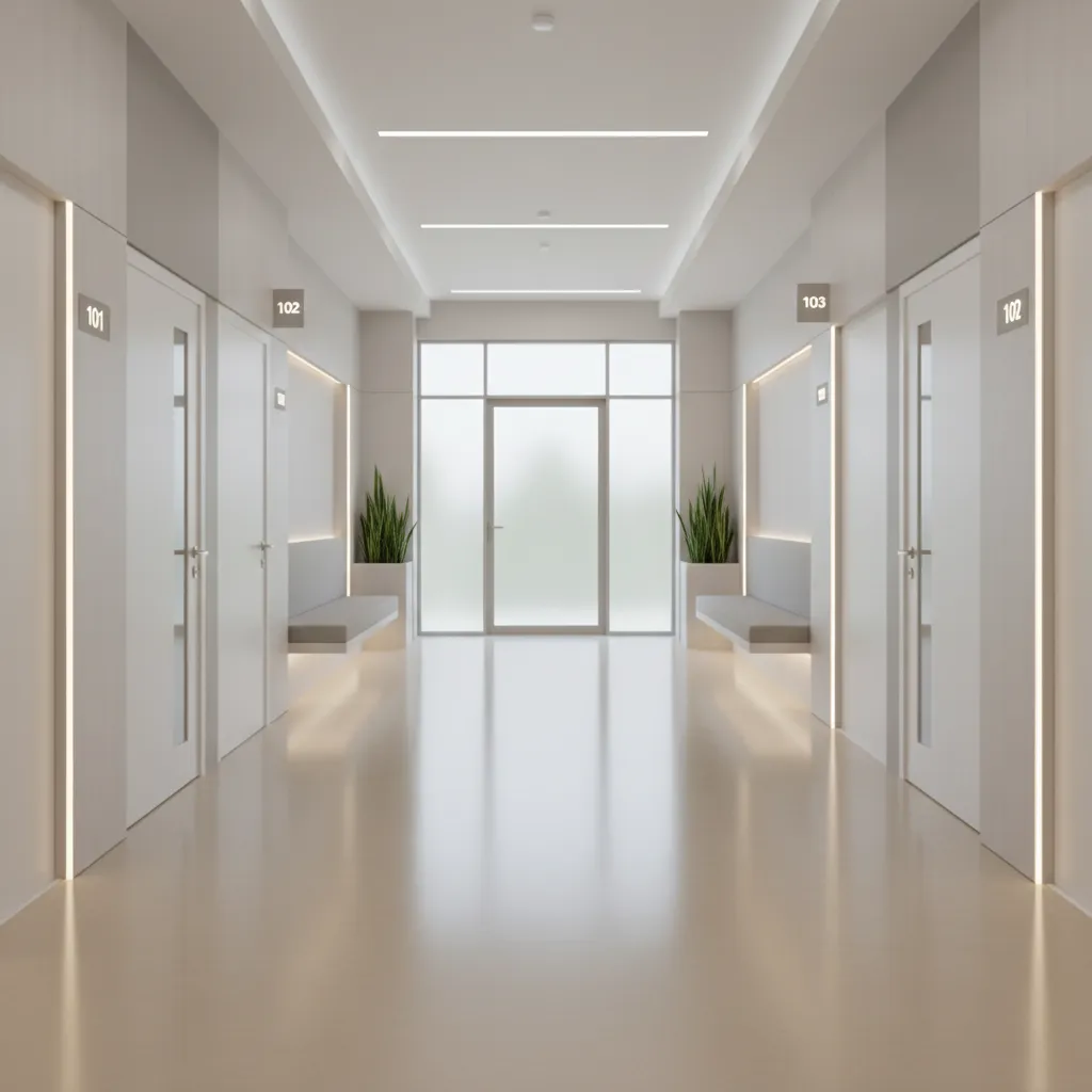 clean medical clinic corridor with seamless healthcare vinyl flooring