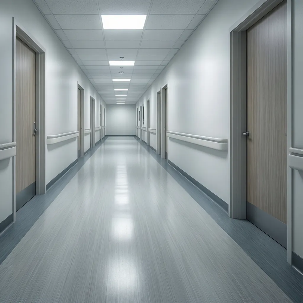 Healthcare clinic corridor with seamless vinyl flooring designed for durability and hygiene