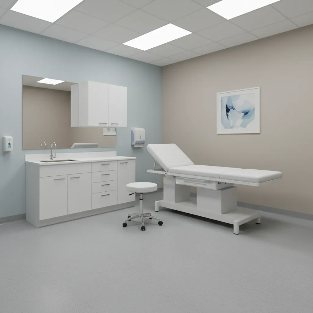 medical exam room with seamless vinyl flooring and modern clinical furniture