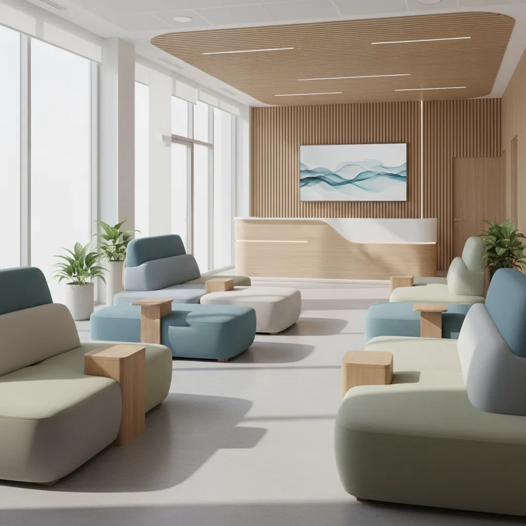 modern healthcare waiting area with seating zones and reception desk