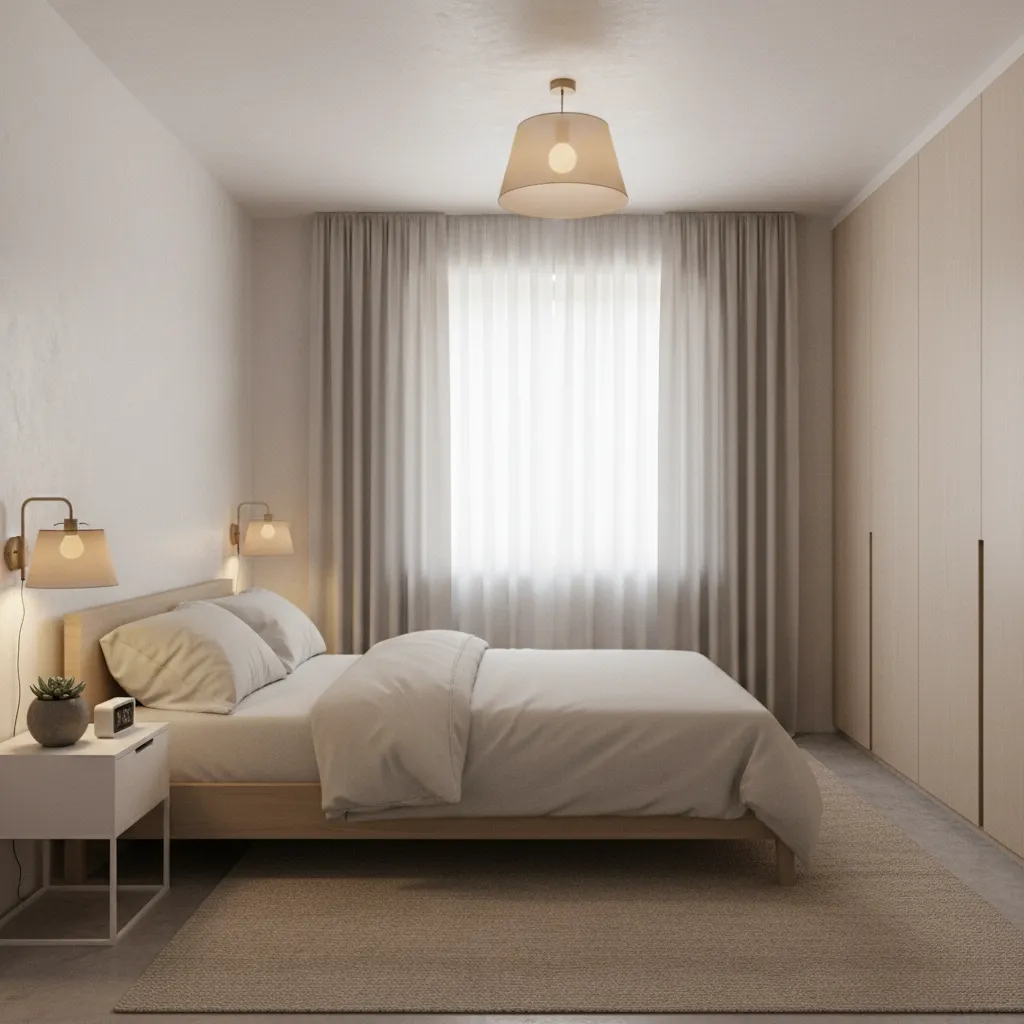 Bedroom ceiling bulb with clip-on shade softening light in rental apartment