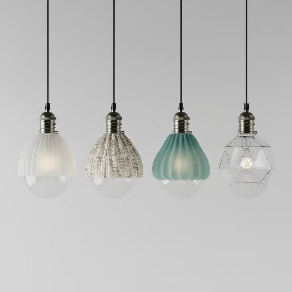 Different clip on light bulb shade materials displayed on bulbs
