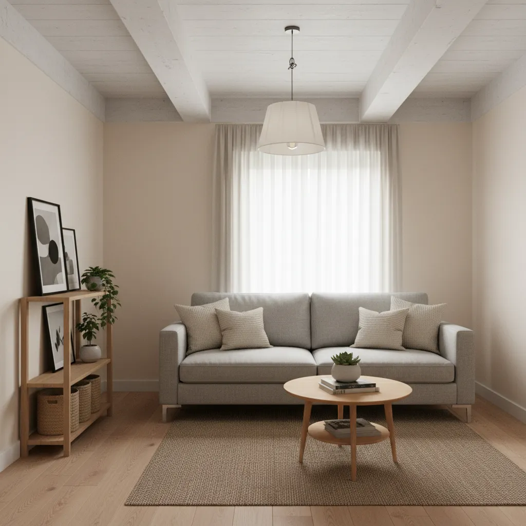 Clip-on lampshade attached to exposed bulb in small rental apartment living room