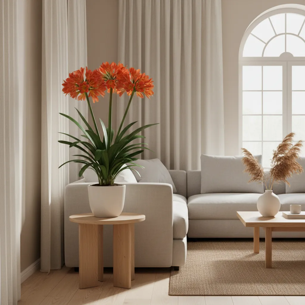 Orange potted plant on a small wooden table next to a beige sofa with curtains
